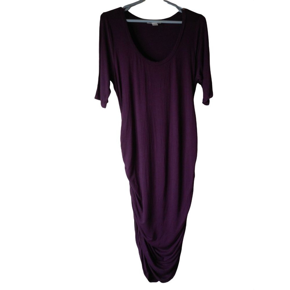 Maternity Motherhood Sz L Purple knit Dress Ruched sides short sleeve